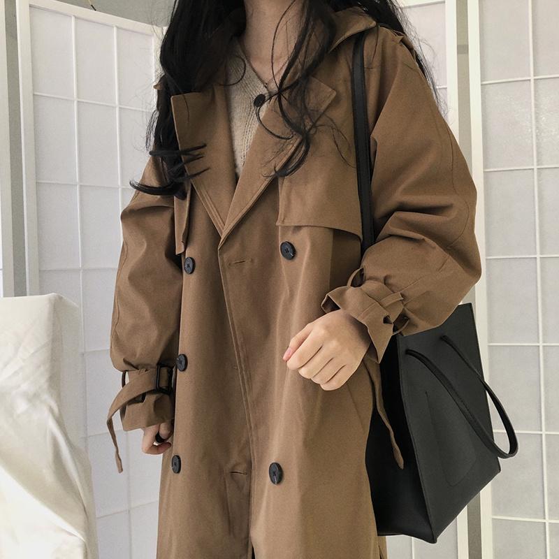 

Women's Trench Coats [EWQ] Simple Coat Women Autumn 2021 Spring Double Breasted Lace Up Waist Long Sleeve Brown Windbreaker Female Overcoats, Tan;black