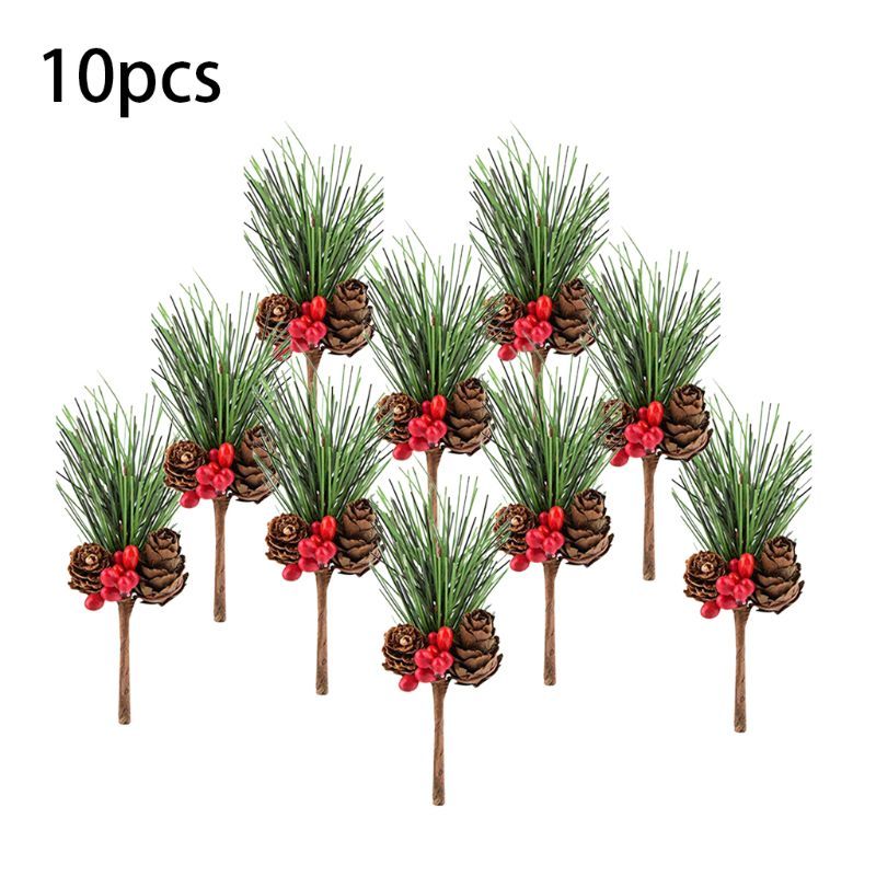 10Pc Christmas Red Bes and Green Kegel Picks with Hulst Branches Flowers Decor Mini Christmas tree Party-image-692836201