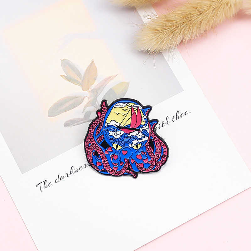 

Cartoon love Octopus miss home ocean full of spray sailboat seagull fashion creative Brooch