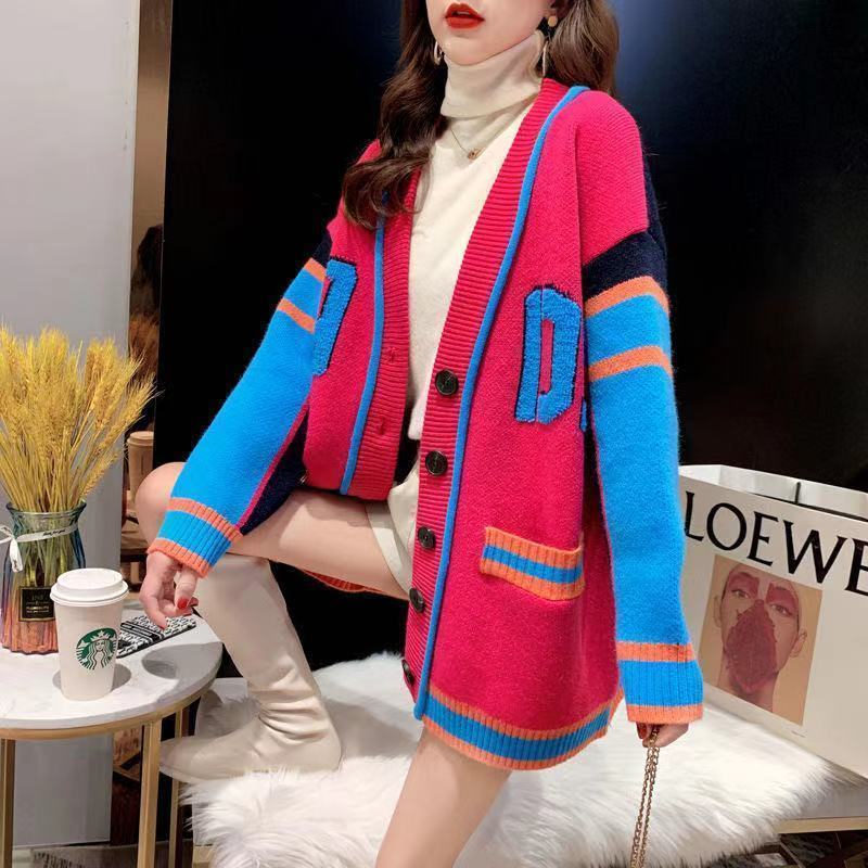 

Fashion Women Leisure Loose Pocket Knitted Cardigan Sweater Coat Spring Autumn College Lady New Fashion Lazy Korean Version, Blue