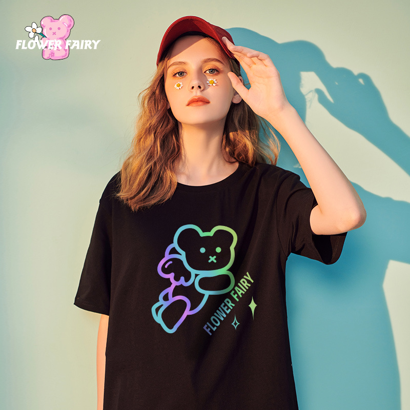 

Women's Blouses & Shirts Short-sleeved black bear of the women 2021 will see Internet celebrity fried street reflexive T-shirt looses Korean style cotton half