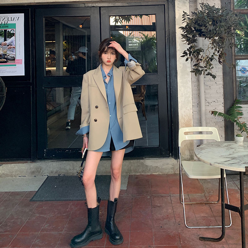 

Vintage Business Korean Fashion Double Breasted Blazers Casual Office Lady Chic Jackets Women Spring Loose 210517, Khaki