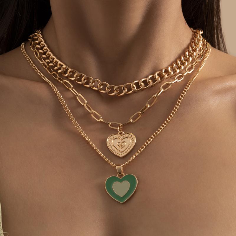 

Chains Multi-layer Peach Heart Dripping Oil Pendant Punk Stacked Chain Necklace Female Love Clavicle, Silver
