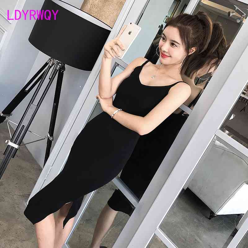 

[LDYRWQY] Women's Spring-Summer Sexy Temperament and Thin Bottoming Strap Knit Dress 210603, Black