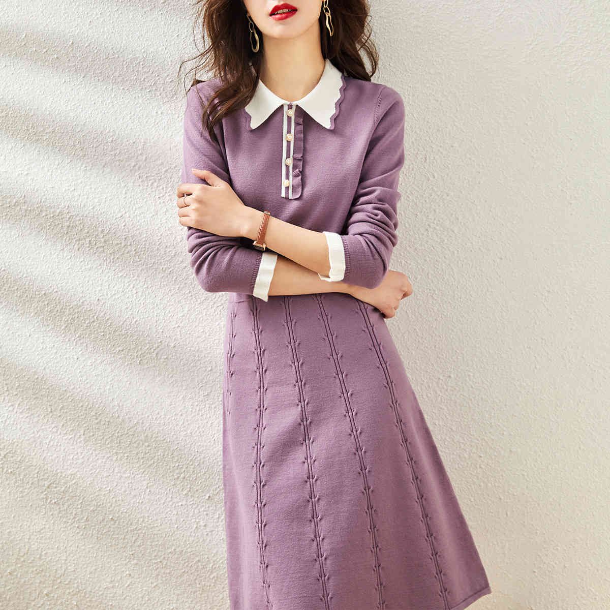 

Elegant dresses for women Long Sleeve Knitted Purple Dress Fashion Inside Slim A-Line Elastic Knee For Women 210518