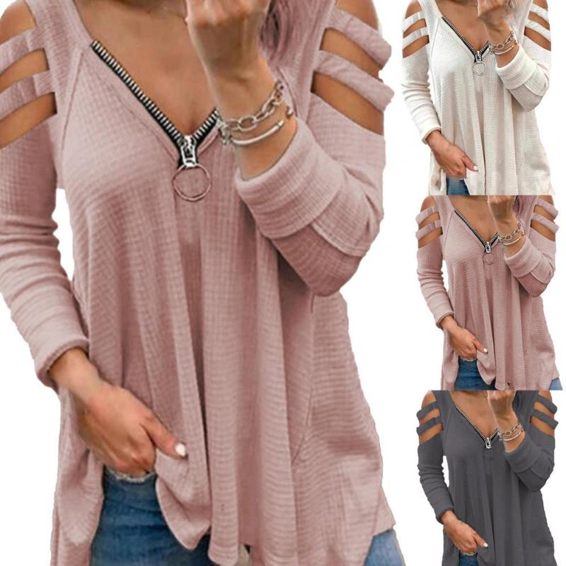 

Women's T-Shirt Sexy V Neck Long Sleeve Blouse Loose Cotton Blend Women Hollow Out Cold Shoulder Top For Spring, White