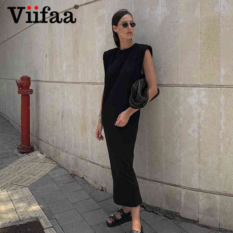 

Viifaa Sleeveless Shoulder Pad Casual Black Elegant Long Dress Streetwear Women Loose Robe Split Back Summer Midi Dresses G1223