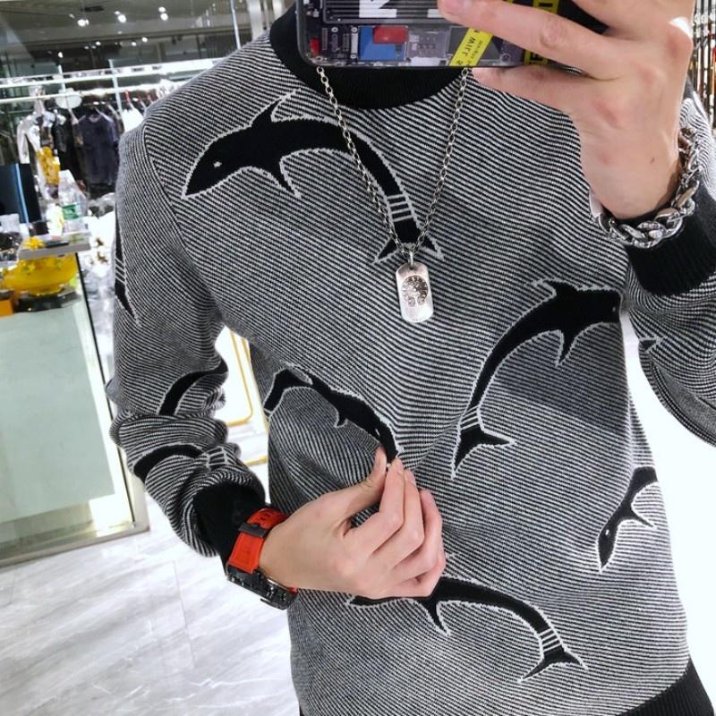 

Men's Sweaters Mens Fashion Autumn Cute Dolphin Jacquard Knitted Pullover Tops Slim Fit Long Sleeve Sweater Man Casual Steet Knitwear, White;black