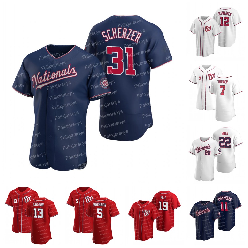 

Washington 22 Juan Soto Baseball Jersey 31 Max Scherzer 7 Trea Turner 12 Kyle Schwarber 13 Starlin Castro 5 Josh Harrison 19 Josh Bell 11 Ryan Zimmerman 16 Victor Robles, Cool base white 2