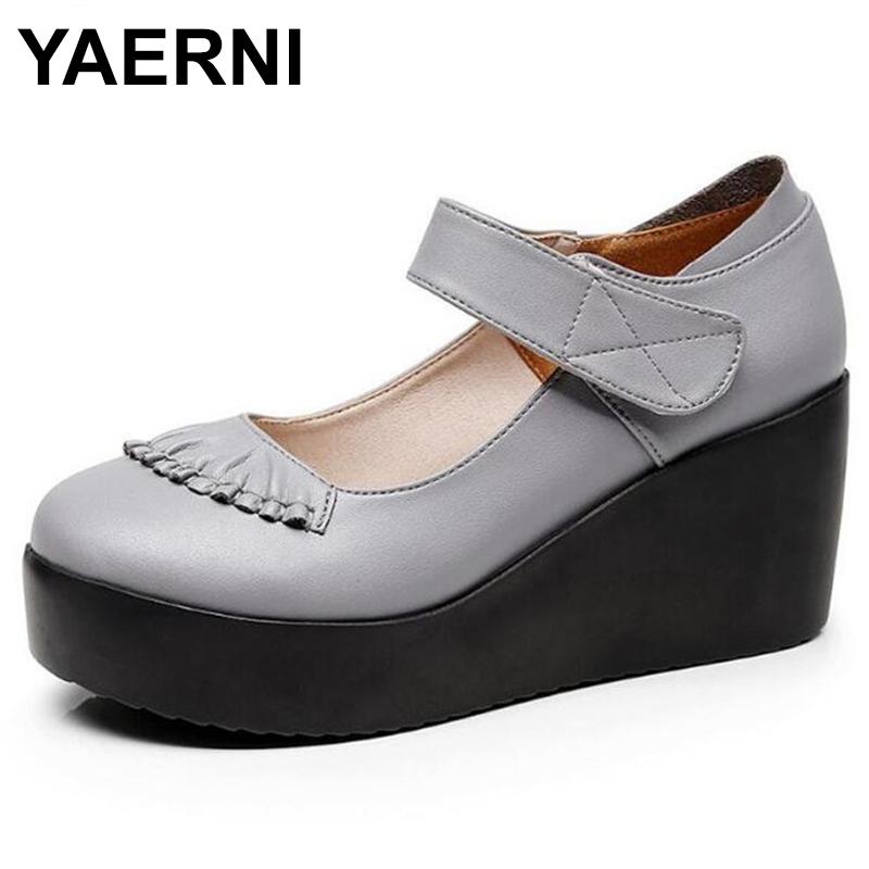 

Dress Shoes YAERNI 2021 Elegant Comfortable Spring Woman High Heels Platform Wedges Genuine Leather Women Fashion ShoesE548, Black