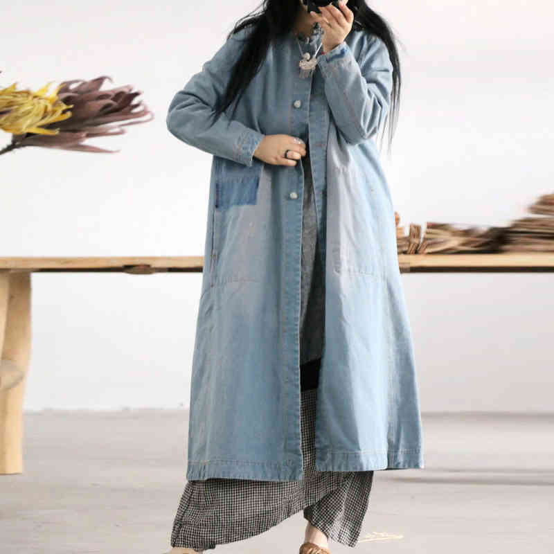 

Johnature Winter Trench Coat Denim Leisure Women Clothes O-neck Collar Slim Patchwork Full Sleeve Casual Long Coats 210521, Blue