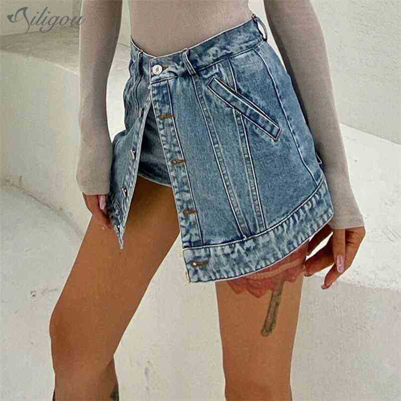 

Summer A-Line Casual Button Fringed Shorts Female High Waist Mini Denim Skirt Fashion Trendy 210525, Blue