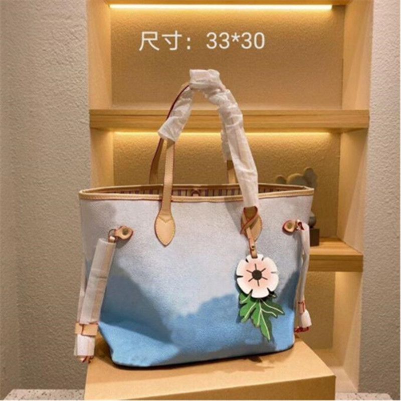 

2021 Summer Womens Bags Handbag Totes Gradient Color Flower Leather Pink Blue Book Tote Full Shopping Bag