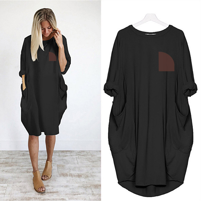 

Newest Summer Women Letter Printed Dresses Fashion Crew Neck Panelled Ladies Dresses Casual Loose Long Sleeve Apparel Autumn Spring Style, Black