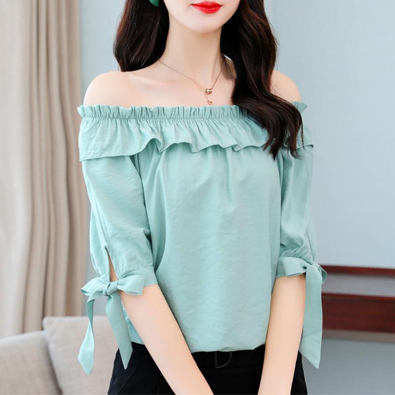 

Women' Blouses & Shirts Half-sleeved Ruffled Diagonal Collar Summer Clothes Green Fashion Tops