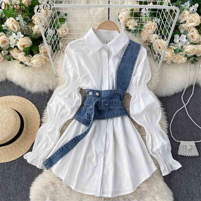 

Spring Fall Shirt Dress Suits Female Fashion Design Puff sleeve Mini + Denim Strap Two-piece set Women 210602, White gray