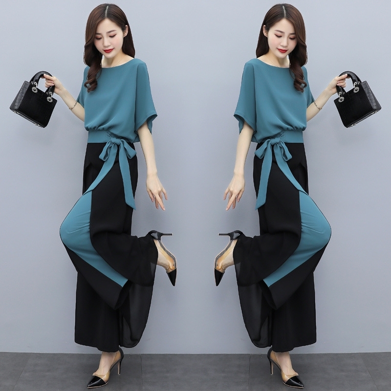 

High Quality Women' Summer Suit Clothing Chiffon Wide Leg Pants Lace Up Office Lady Top Female Foreign Two Piece Sets 210603, Blue