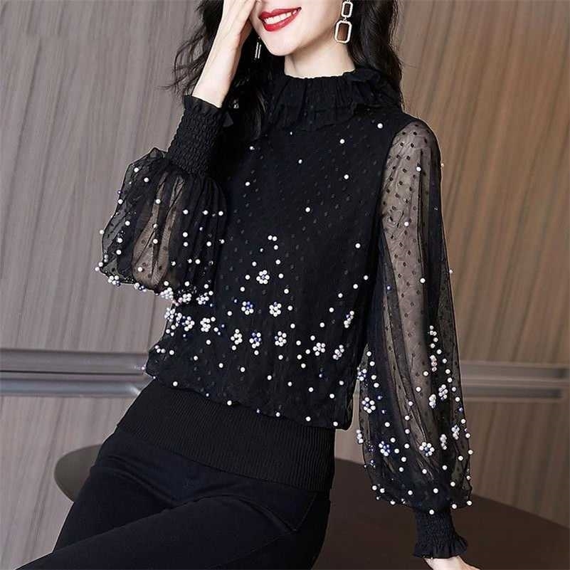 

Spring Autumn Chiffon Shirt Loose Women Nail Bead Mesh Bottom Blouse Female Long Sleeve Solid Tops High Neck Plus Size 220113, Black