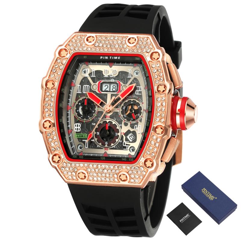 

Wristwatches PINTIME Hip Hop Diamond Watch Men Sport Chronograph Watches Top Military CLock Relogio Masculino Zegarek Meski, Silver red-box