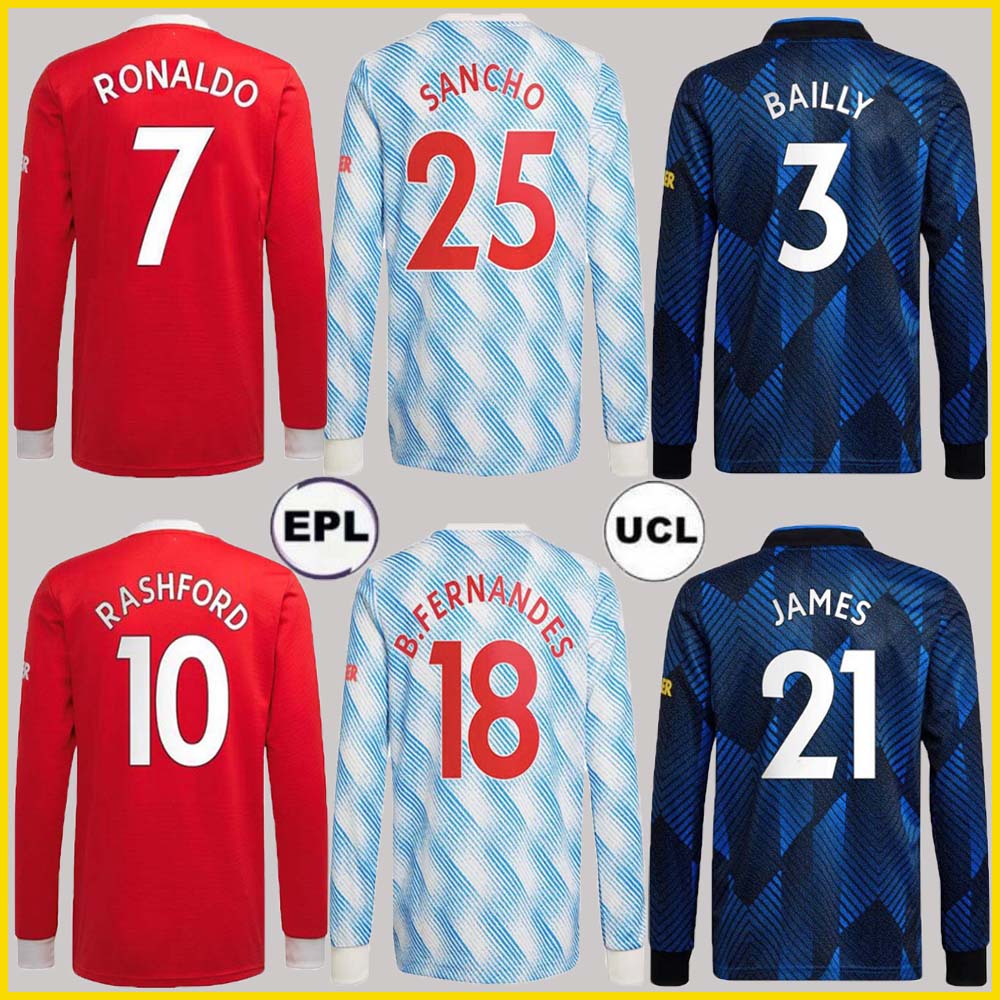 

21 22 RONALDO SANCHO 25 long sleeve Man soccer jerseys R. Varane UTD Fans BRUNO FERNANDES POGBA RASHFORD football shirt 2021 2022 S-XXL, 21 22 3rd long +ucl