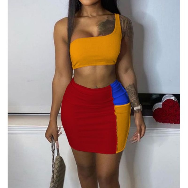 

Women's 2021 tight skirt suit two-piece hit color summer yt, Black;gray