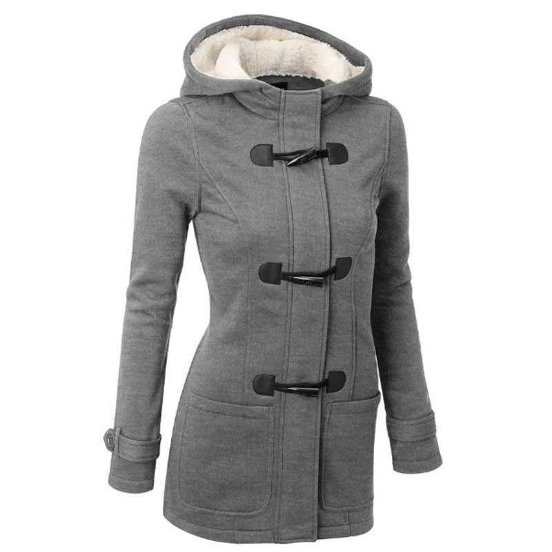 

Plus Size Women Cotton Horn Button Slim Casual Coat Winter 2021 New Parkas Long Sleeve Warm Jacket Grey Solid Hood Pocket Coat H1023, Black