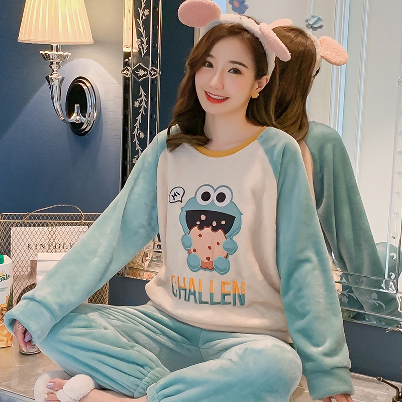 

2021Autumn Winter Women Pyjamas Sets pajamas Sleepwear Suit Thick Warm Coral Flannel nightgown Female Cartoon Animal Pijama Mujer, Black;red