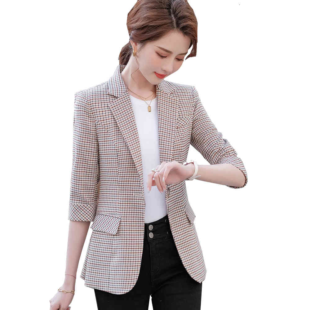 

Women's Suits & Blazers Women Gray Red Plaid Half Sleeve Blazer for 2021 Spring Summer Fashion Ladies Female Single Button Formal Jacket WJ3, Red plaid blazer