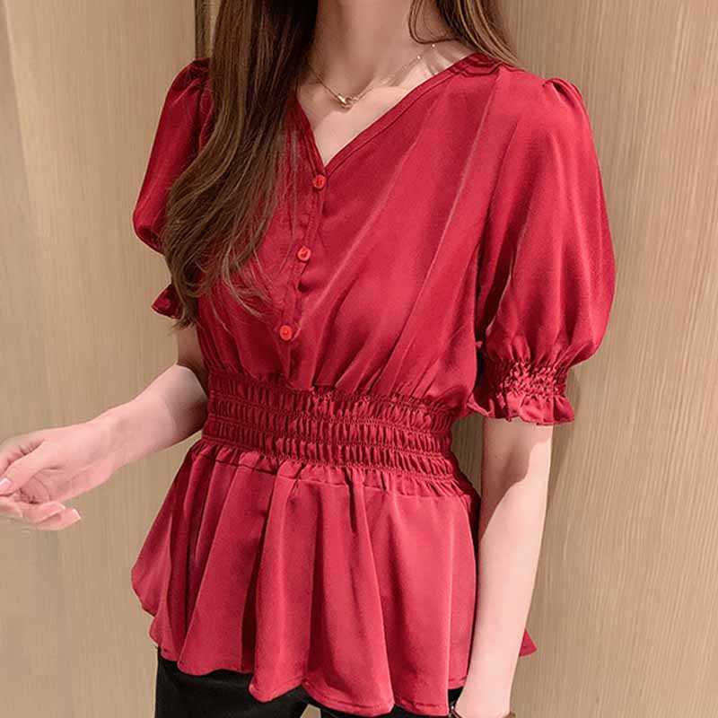 

Women Blouses Blusas Mujer Camisas Short Sleeve Shirts V-neck Chiffon Shirt Tops Blusa D302 210602, White