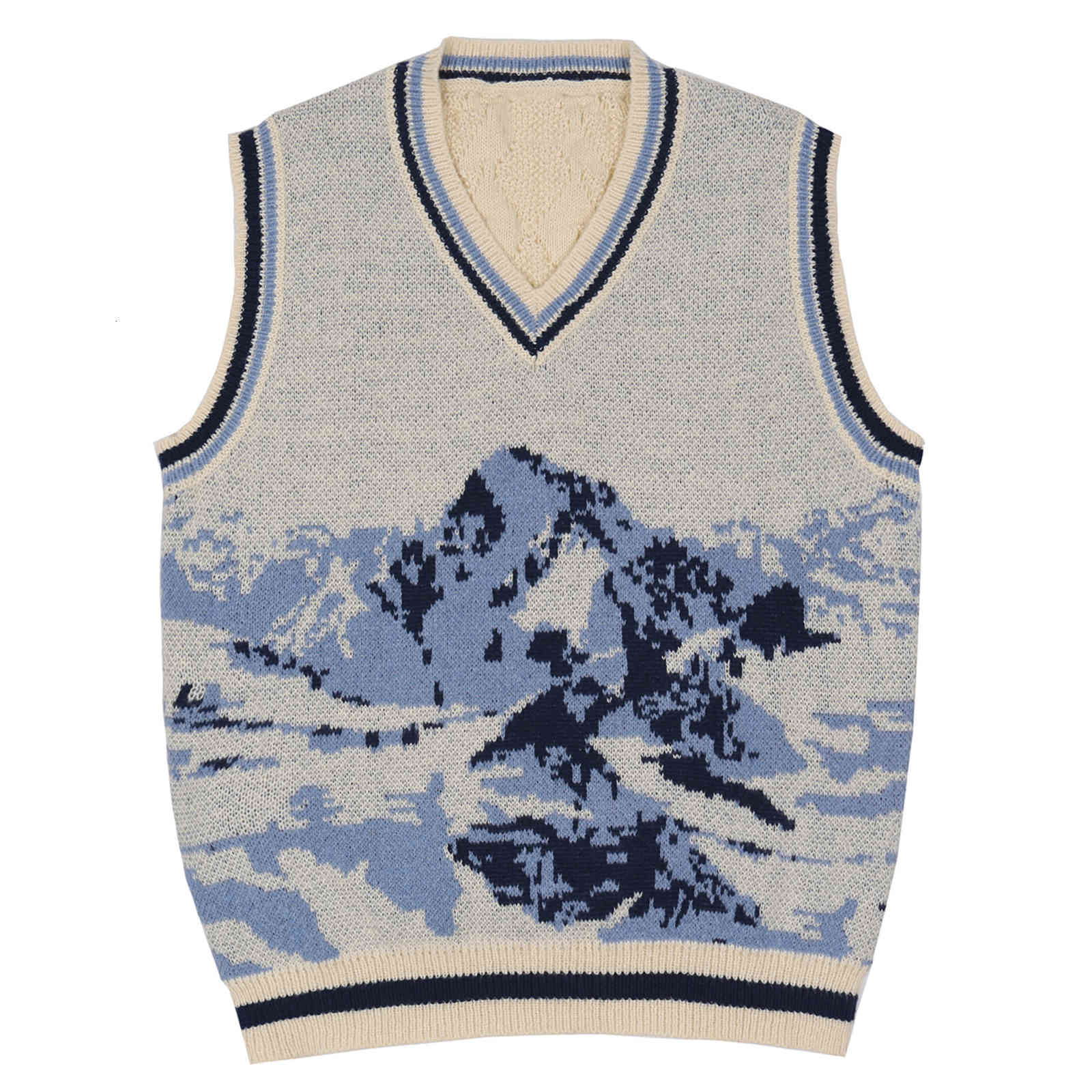 

men's sweaters lacible men streetwear harajuku knitted sweater vest snow mountain pattern sleeveless loose autumn casual waistcoat, White;black