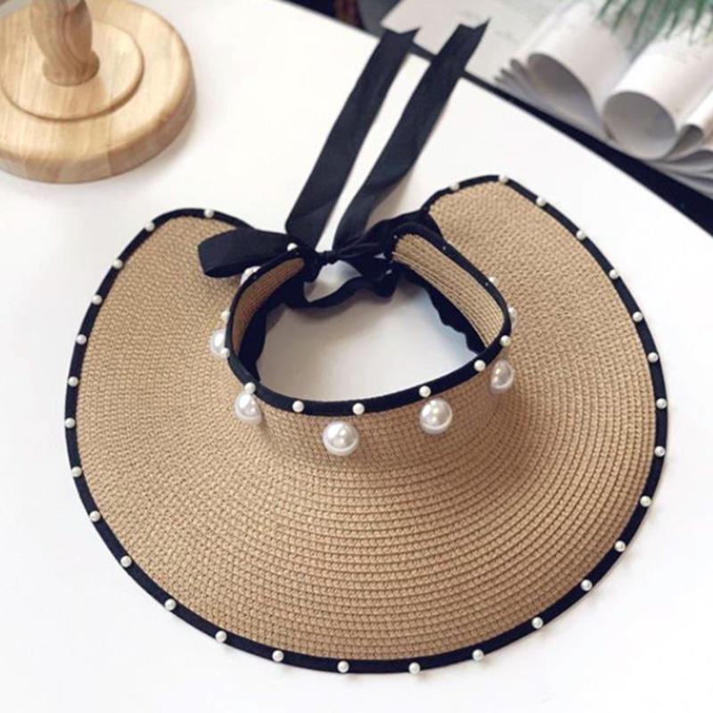 

Women Pearl Headband Hat Visor Caps For Girls Beach Hats Fashion Cap Lady Summer Straw Sun Wide Brim, White