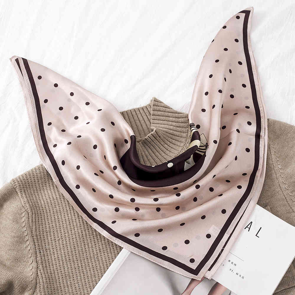 

100% natural silk women square neck scarves cartoon dots print crepe satin plain scarf handkerchief bandana 53*53 cm