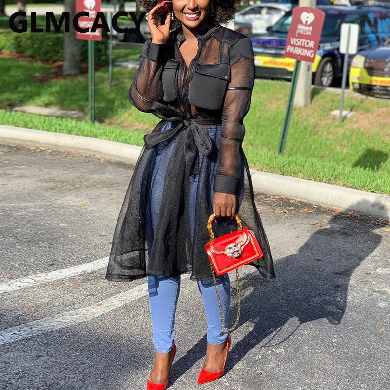 

Women Long Sleeve Mesh Shirt Dress Poket Design Sexy Elegant Dress, Black