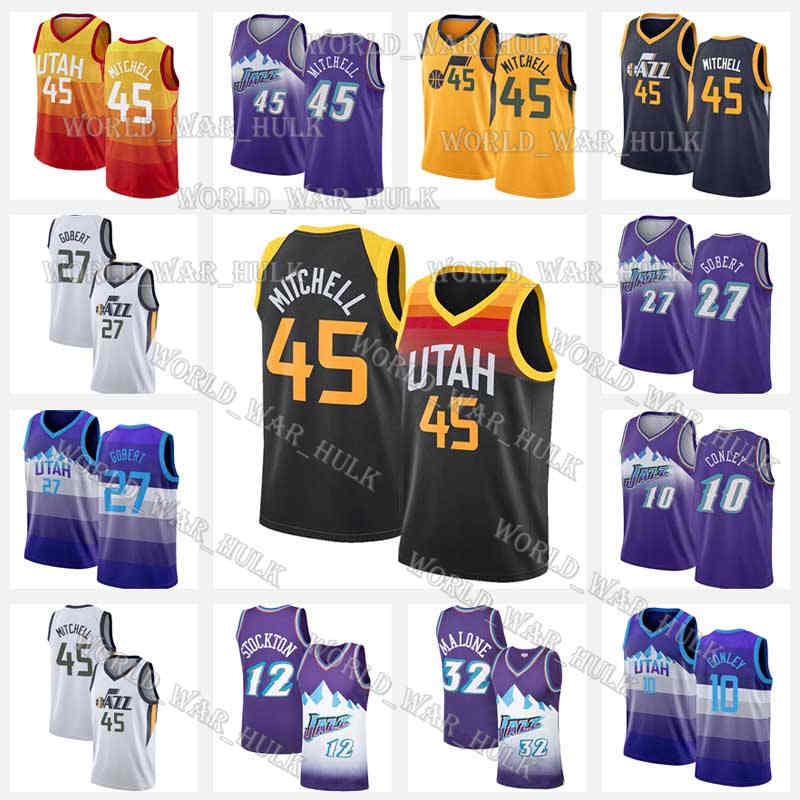 

Donovan 45 Mitchell Jersey Men Yourh Mike 10 Conley Karl 32 Malone John 12 Stockton Rudy 27 Gobert Utah Jazz Basketball Jerseys, Black;red
