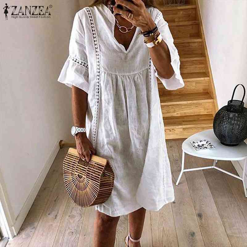 

zanzea summer bohemian lace dress womens v neck flare sleeve sundress female hollow patchwork robe femme tunic vestidos, Black;gray