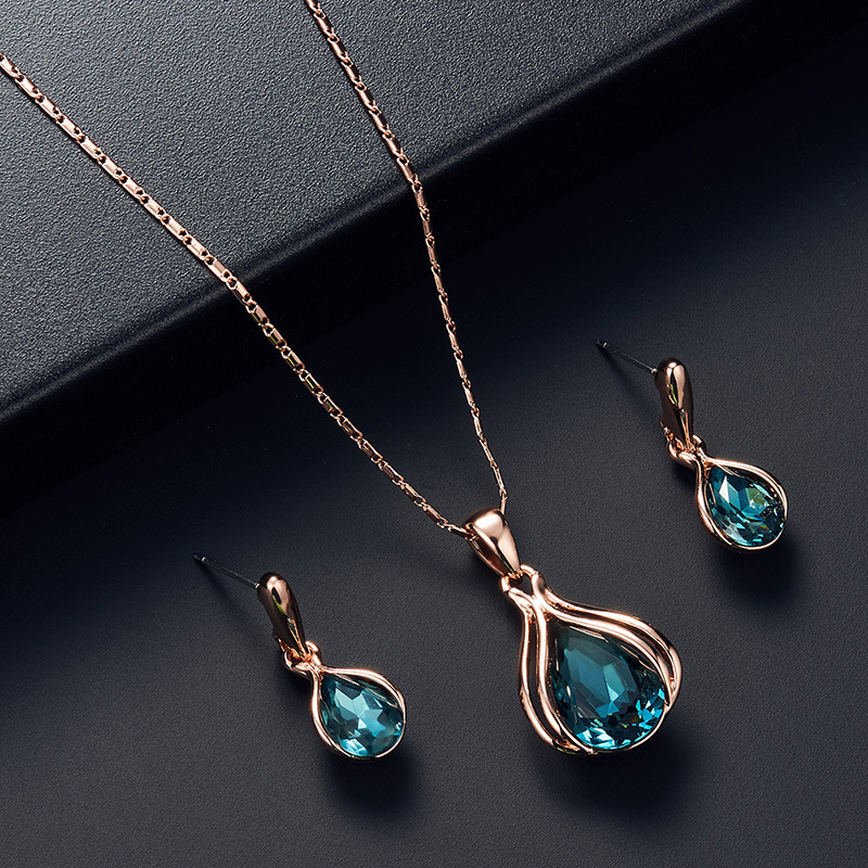 

Fashion Retro Blue Diamond Necklace Pearl Earring Luxury Alloy Rhinestone Wedding Party Jewelry Set Necklaces Earrings sets, As pic