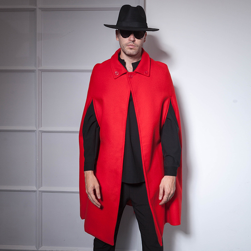 

Large Mid-length Red Shawl, European and American Cape, for Men, Nightclub, Hip-hop, Bar Host, DS Wool Coat, Black