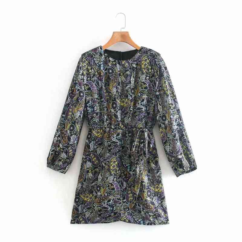 

Spring O neck Floral Waist Dress Women Long Sleeve Above Knee Elegant Mini Party Female Casual Street NX9926 210525, Gray