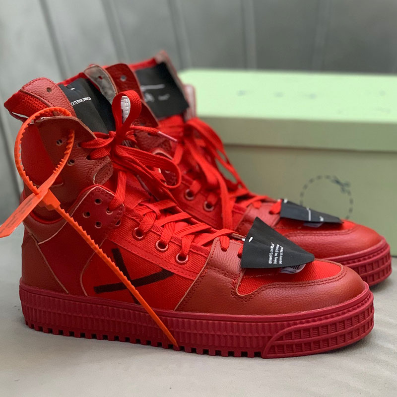 

Red high-top Party shoes 3.0 court sneakers Padded tongue and canvas heel Detachable orange tags on perforated toe with Marble zip tie Logo detail at sides, 14