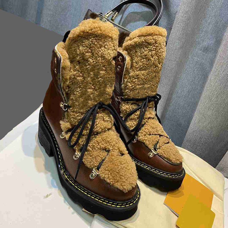 

Women wool winter ankle boots warm big letter designer platform hiking booties fashion lace-up fur inside lady shoes with box, 1#