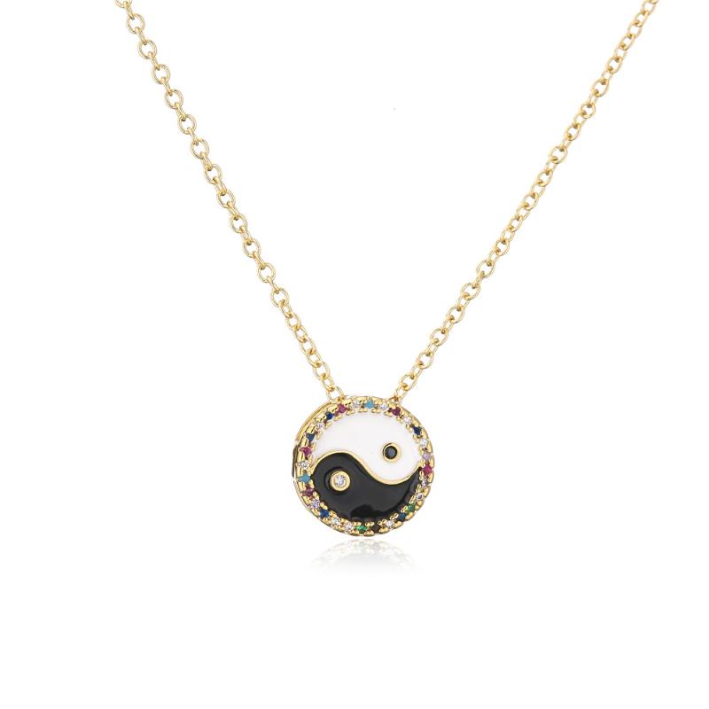 

Pendant Necklaces 18K Gold Plated Chinese Feng Shui Bagua Yin Yang Tai Chi Necklace With Zircon For Men Women Jewelry Choker Gift, Silver