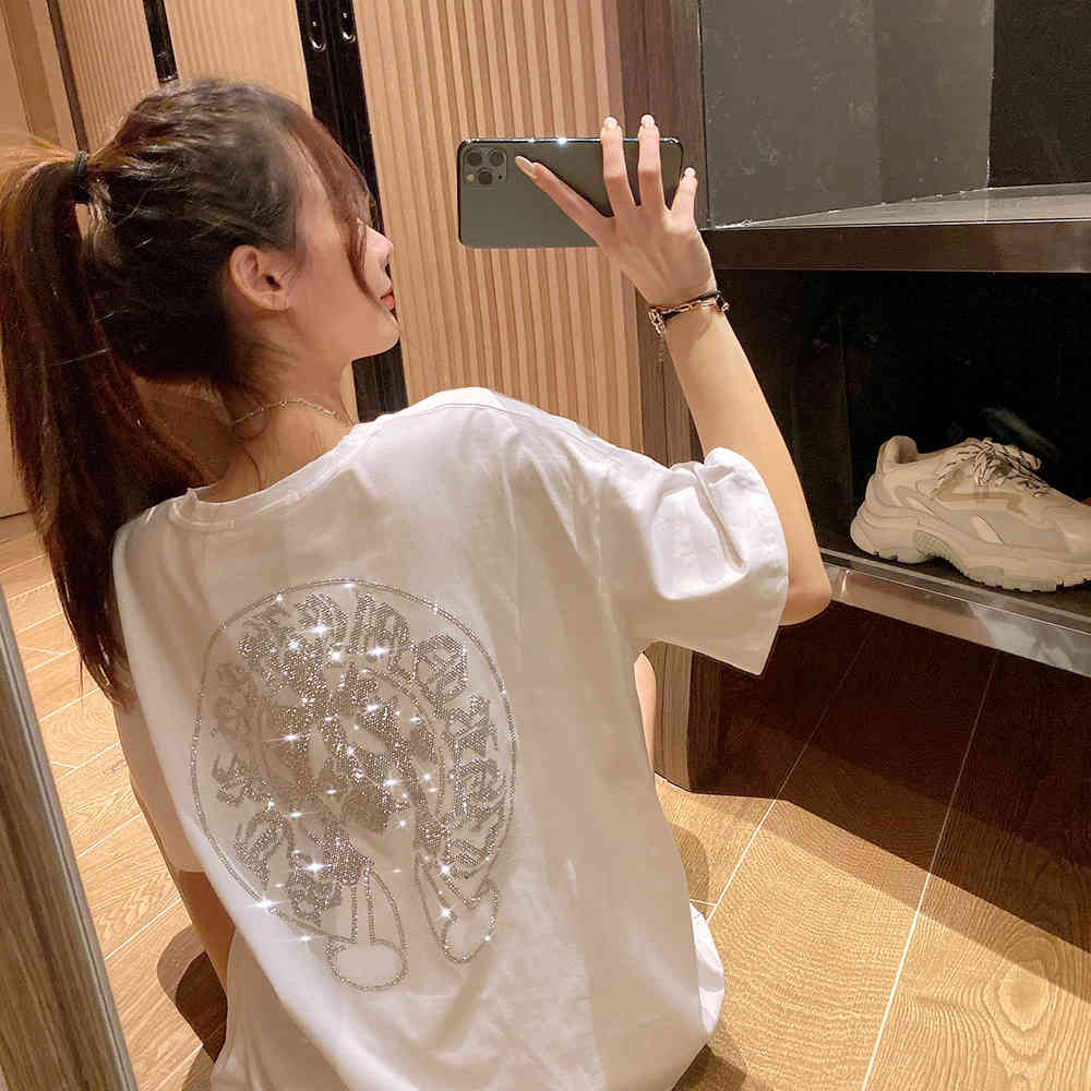 

Chaopai Heavy Industry Hot Drill Cross White T-shirt Summer Loose Medium Length Half Sleeve Top