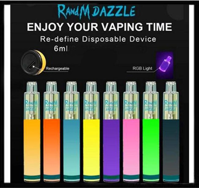 

2021 RandM DAZZLE 2000puffs disposable vape e cigarette 1100mAh battery 6ml prefilled LED RGB light pods cartridges with USB port