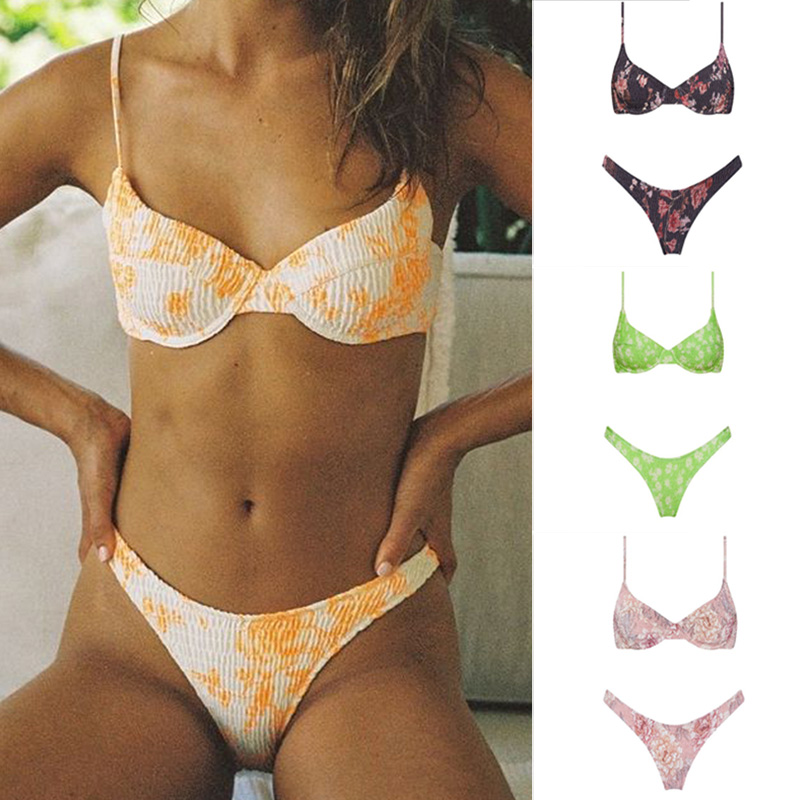 

New Sexy Underwired Push Up Bikini Set Women Triangle Brazilian Bikinis Swimwear Ruched Biquini Printed Bathing Suits Beach Wear, Light blue