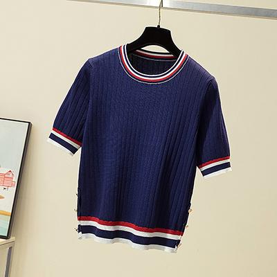 

T-Shirt Knitted T Shirt Short Women's Sleeve O Neck Women Tshirt Korean Fashion White Thin Summer Knit Femme Tee Tops Woman Tshirts BCQU, Navy blue