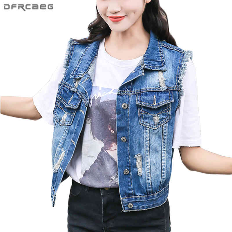 

Women' Jackets Sleeveless Denim Jacket Women Casual Hollow Out Ripped Fringe Jeans Tops Autumn Ladies Vintage Cardigan Outerwear, Blue
