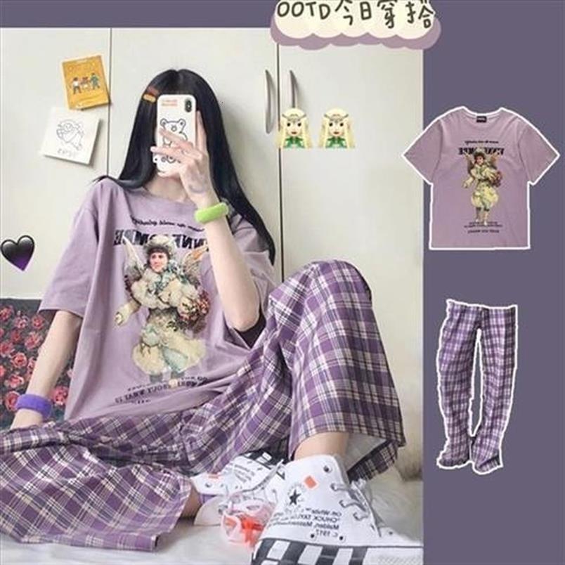 

korean pajamas summer cute cartoon women sleepwear print pyjamas girls kawaii plaid pijamas plus size 2 piece home suit, Black;red