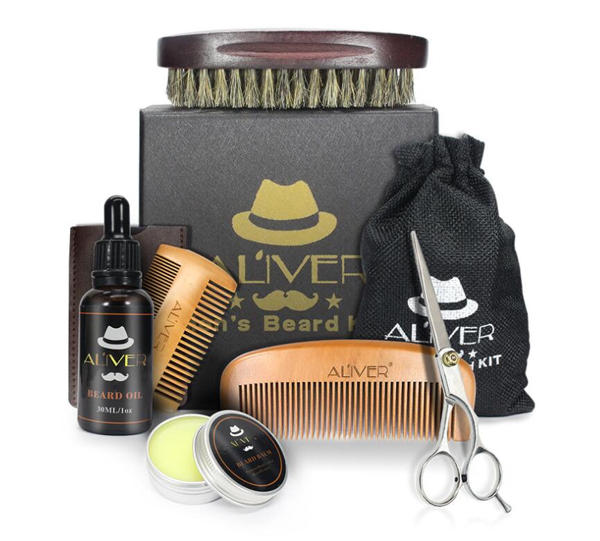 

EPACK ALIVER Natural Organic Beard Oil Wax Balm Scissors Brush Hair Products Leave-In Conditioner for Soft Moisturize With Retail box