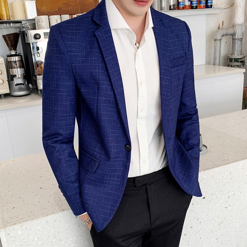 

Men's Suits & Blazers 2021 Arrival Plaid Men Blazer Korean Style Trend Casual Slim Fit Suit Jackets Quality Spring Autumn Bleizer Masculino, Blue
