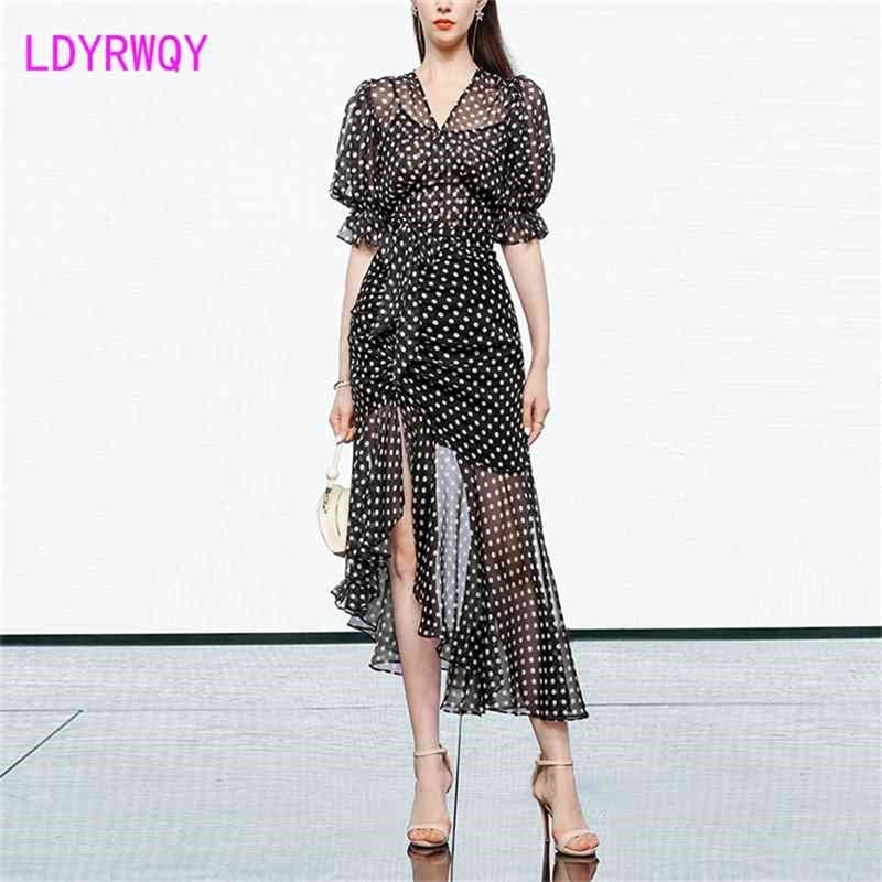 

LDYRWQY Temperament French Polka Dot V-neck Sexy Fashion Chiffon Slim Lantern Sleeve Dress Summer 210603, Black